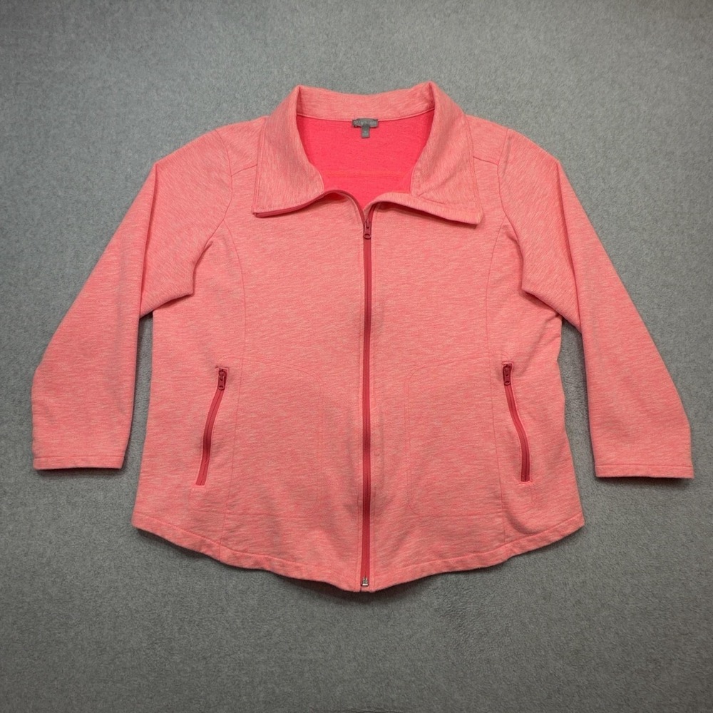 T By Talbots Jacket Womens 1X Pink Full Zip Knit Pockets Athletic 3/4 Sleeve